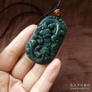 和田玉貔貅玉佩青玉双貔貅挂件男款玉牌子吊坠挂坠带证书52339mm